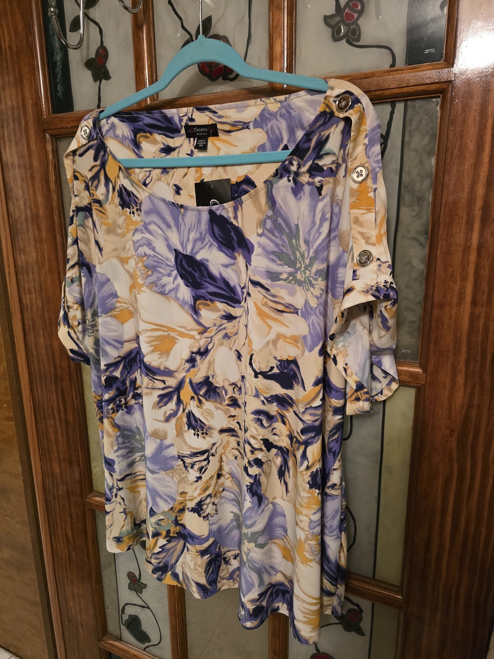 Cocomo Floral Scoop-Neck Blouse — Purple & Cream with Gold Accents